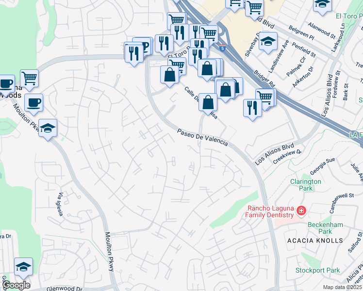 map of restaurants, bars, coffee shops, grocery stores, and more near 122 Via Estrada in Laguna Woods