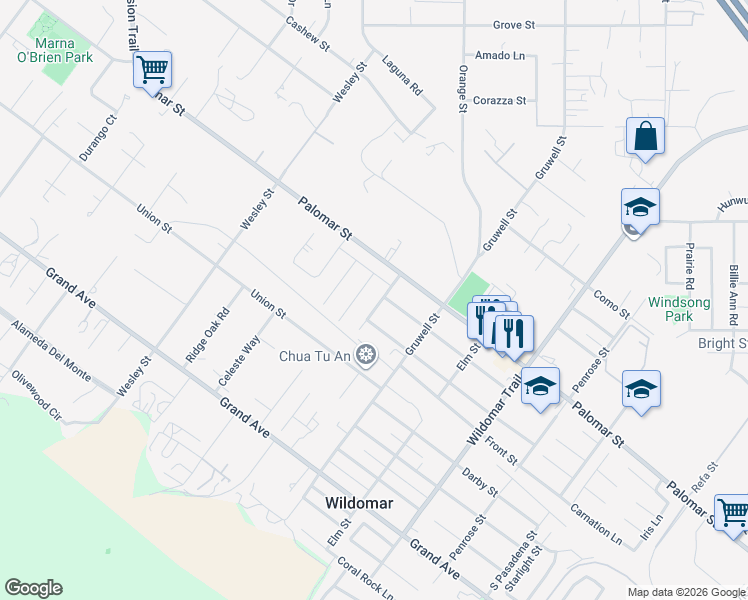 map of restaurants, bars, coffee shops, grocery stores, and more near 32587 Cert Street in Wildomar