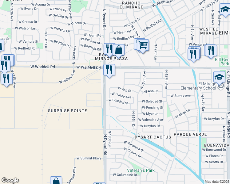 map of restaurants, bars, coffee shops, grocery stores, and more near 13030 West Surrey Avenue in El Mirage