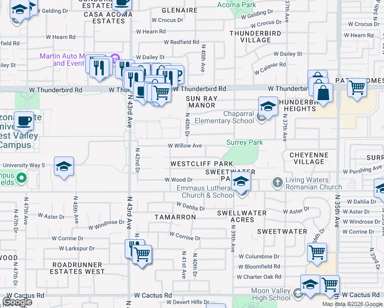 map of restaurants, bars, coffee shops, grocery stores, and more near 3944 West Pershing Avenue in Phoenix