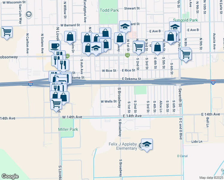 map of restaurants, bars, coffee shops, grocery stores, and more near 316 South Spring Street in Blythe