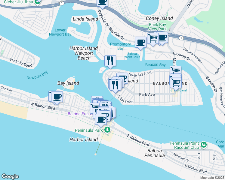 map of restaurants, bars, coffee shops, grocery stores, and more near 2 Pearl Avenue in Newport Beach