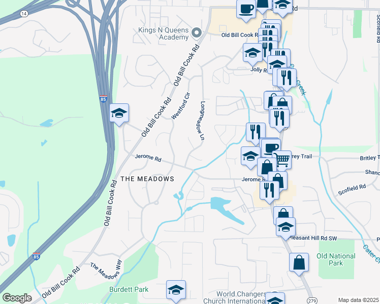 map of restaurants, bars, coffee shops, grocery stores, and more near 5535 Longmeadow Lane in Atlanta