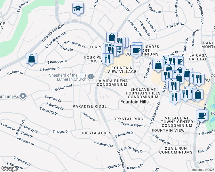 map of restaurants, bars, coffee shops, grocery stores, and more near 16285 East Rosetta Drive in Fountain Hills