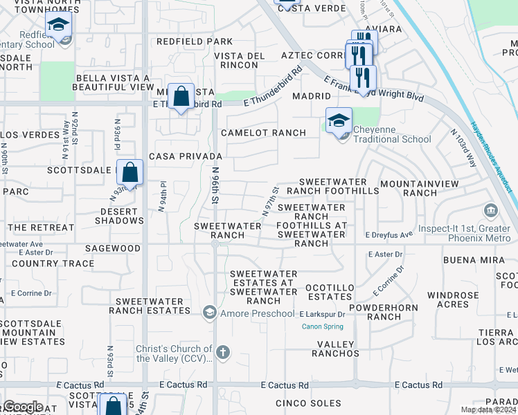 map of restaurants, bars, coffee shops, grocery stores, and more near 9665 East Pershing Avenue in Scottsdale