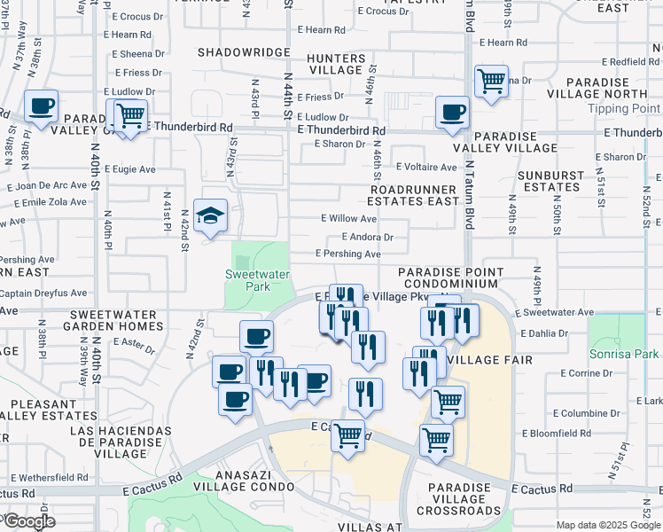 map of restaurants, bars, coffee shops, grocery stores, and more near 4515 East Pershing Avenue in Phoenix