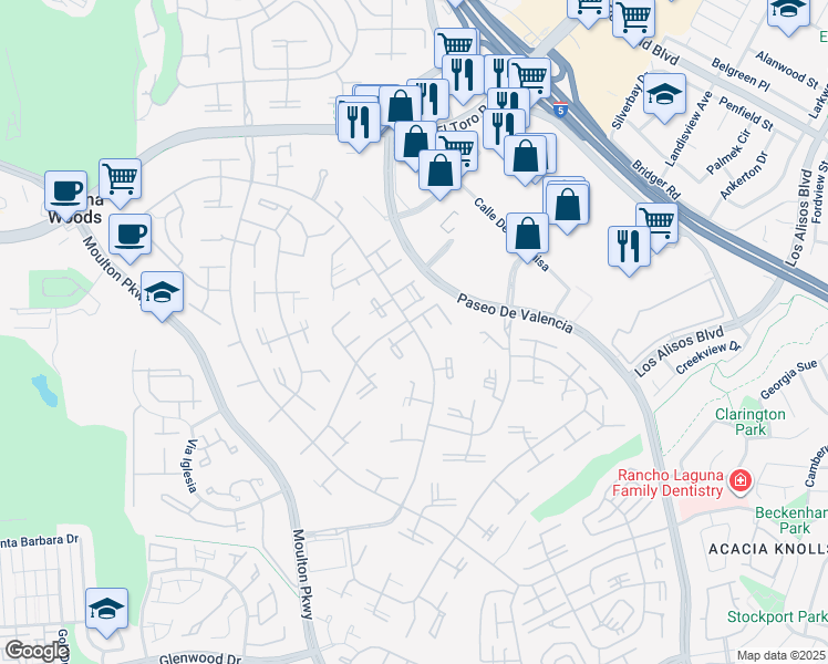 map of restaurants, bars, coffee shops, grocery stores, and more near 65 Calle Aragon in Laguna Woods