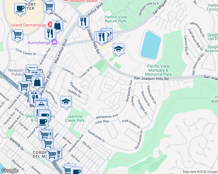 map of restaurants, bars, coffee shops, grocery stores, and more near 15 Sandbar Drive in Newport Beach