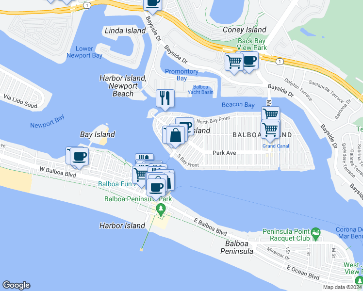 map of restaurants, bars, coffee shops, grocery stores, and more near 128 Opal Avenue in Newport Beach
