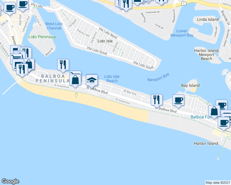 map of restaurants, bars, coffee shops, grocery stores, and more near in Newport Beach
