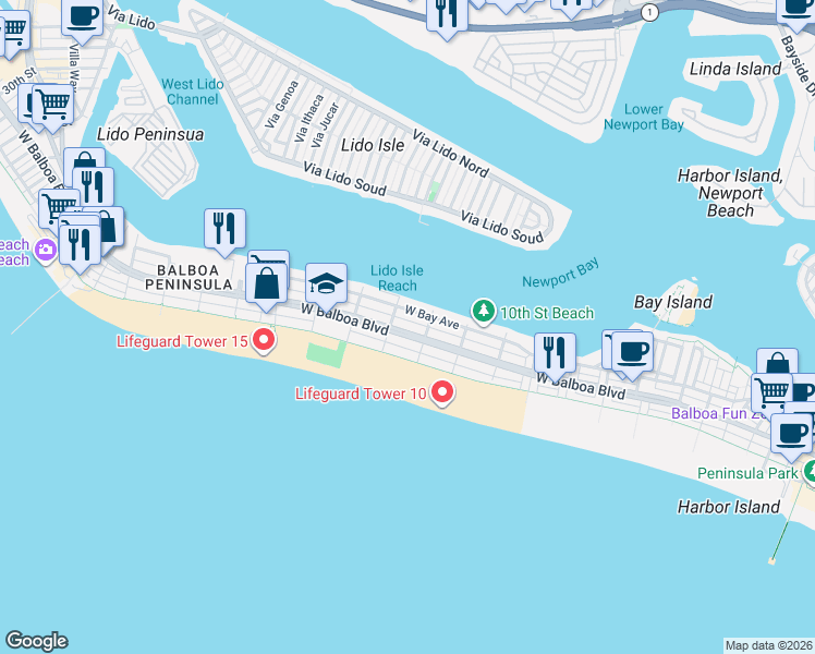 map of restaurants, bars, coffee shops, grocery stores, and more near in Newport Beach