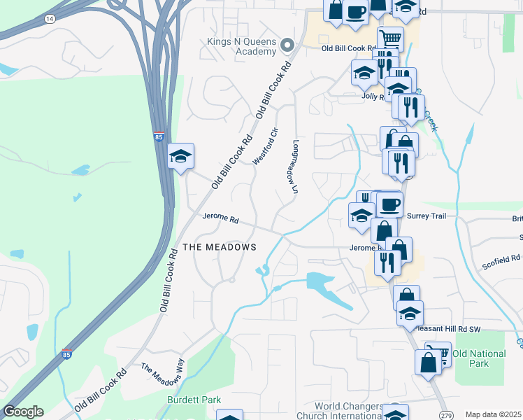 map of restaurants, bars, coffee shops, grocery stores, and more near 5494 Deerfield Trail in College Park