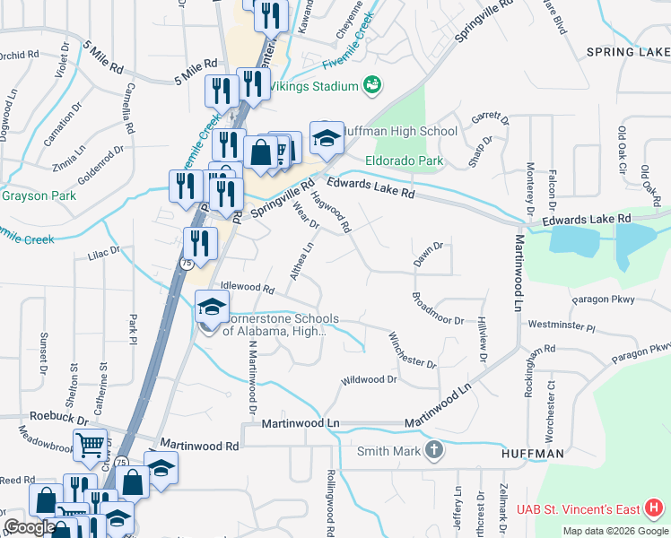 map of restaurants, bars, coffee shops, grocery stores, and more near 921 Hagwood Road in Birmingham