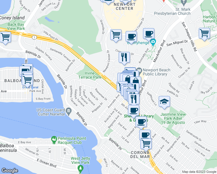 map of restaurants, bars, coffee shops, grocery stores, and more near 2015 Chubasco Drive in Newport Beach