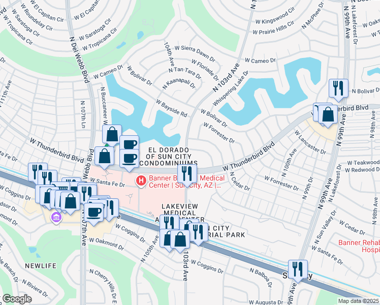 map of restaurants, bars, coffee shops, grocery stores, and more near 10211 West Royal Oak Road in Sun City