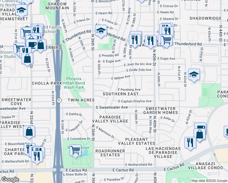 map of restaurants, bars, coffee shops, grocery stores, and more near 13201 North 37th Place in Phoenix