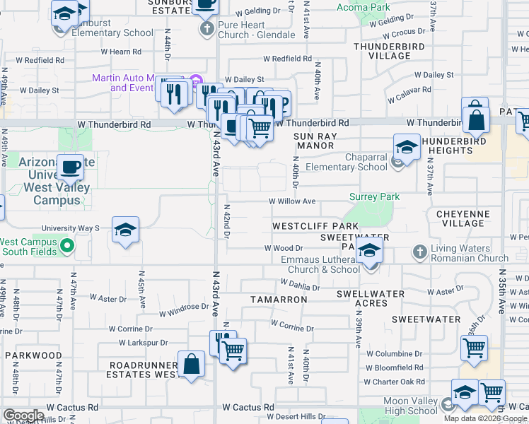 map of restaurants, bars, coffee shops, grocery stores, and more near 4134 West Pershing Avenue in Phoenix