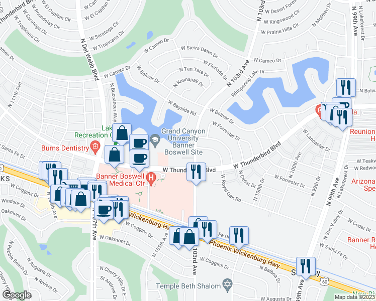 map of restaurants, bars, coffee shops, grocery stores, and more near 10330 West Thunderbird Boulevard in Sun City