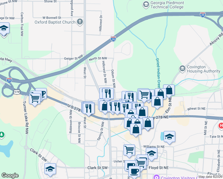 map of restaurants, bars, coffee shops, grocery stores, and more near 4133 Odum Street Northwest in Covington