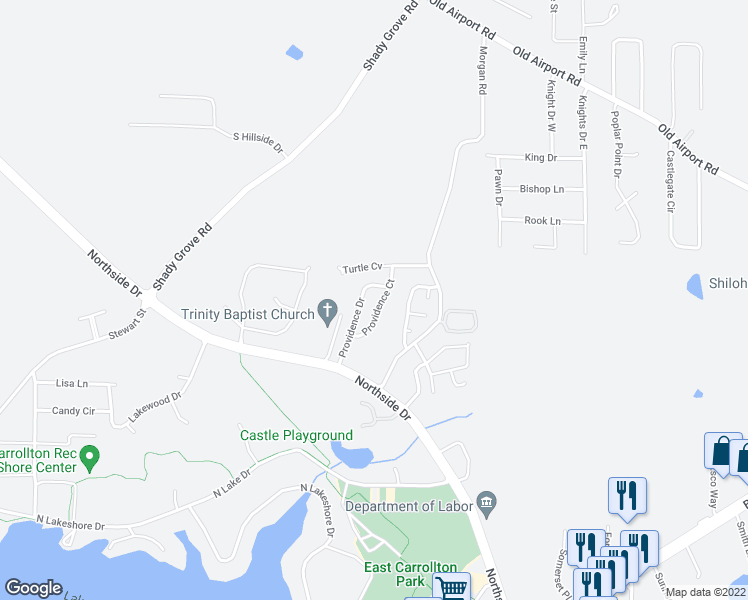 map of restaurants, bars, coffee shops, grocery stores, and more near 118 Providence Court in Carrollton