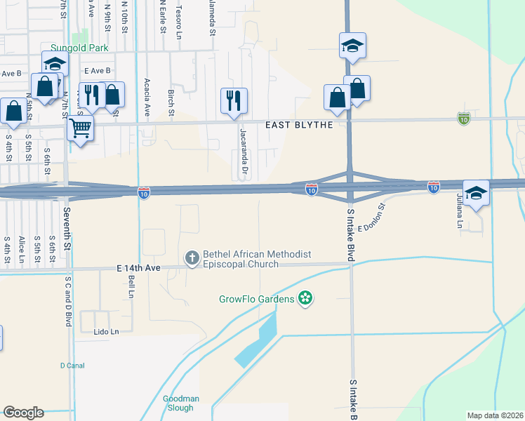 map of restaurants, bars, coffee shops, grocery stores, and more near 352 Cottonwood Lane in Blythe
