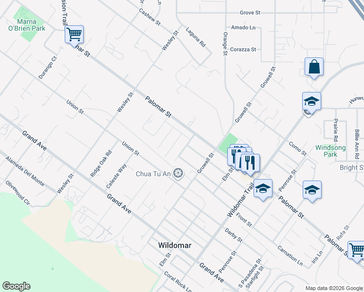map of restaurants, bars, coffee shops, grocery stores, and more near 32587 Cert Street in Wildomar