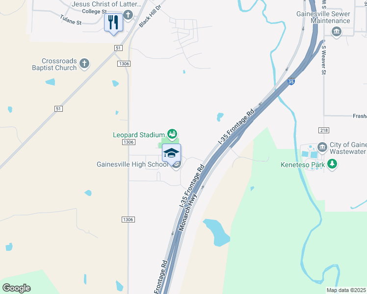 map of restaurants, bars, coffee shops, grocery stores, and more near 2201 Interstate 35 in Gainesville
