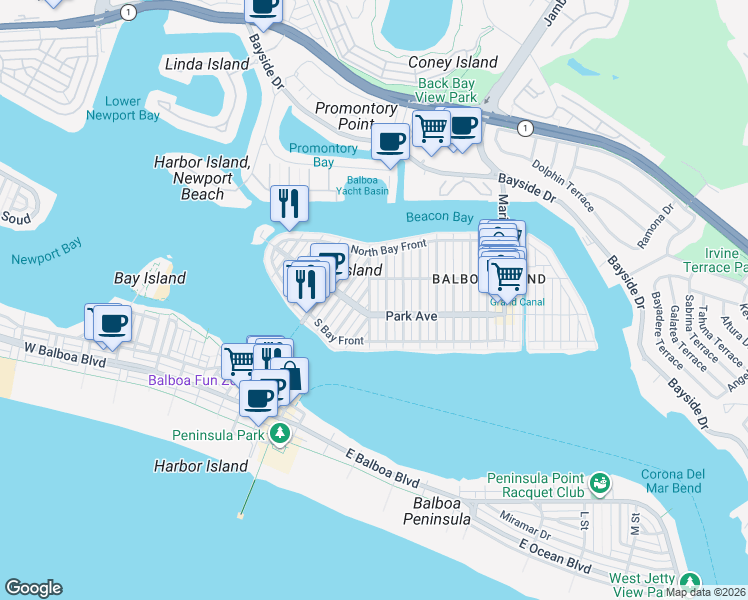 map of restaurants, bars, coffee shops, grocery stores, and more near 210 Collins Avenue in Newport Beach