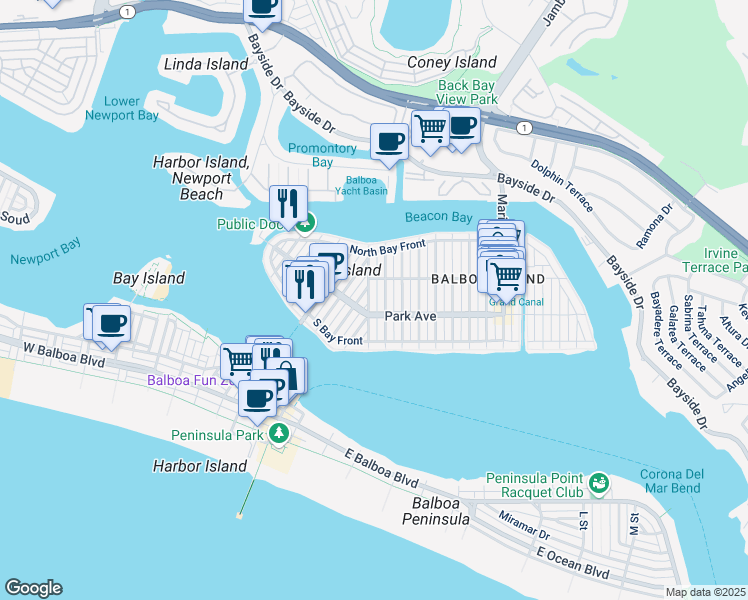 map of restaurants, bars, coffee shops, grocery stores, and more near 210 Collins Avenue in Newport Beach
