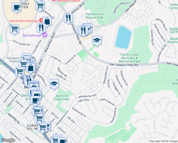 map of restaurants, bars, coffee shops, grocery stores, and more near 15 Sandbar Drive in Newport Beach