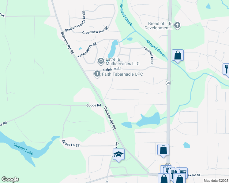 map of restaurants, bars, coffee shops, grocery stores, and more near 721 Robin Drive Southeast in Conyers