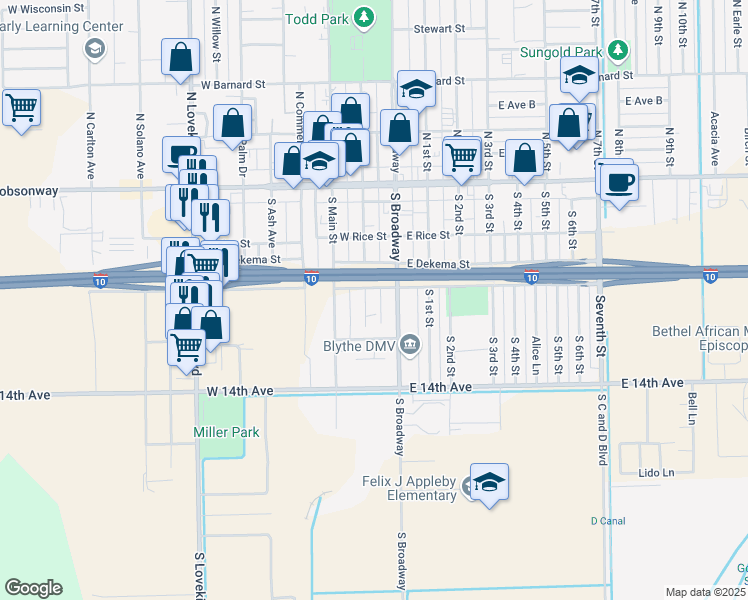 map of restaurants, bars, coffee shops, grocery stores, and more near 316 South Spring Street in Blythe