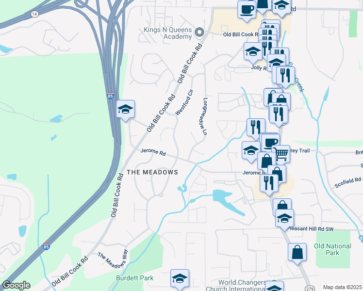 map of restaurants, bars, coffee shops, grocery stores, and more near 5494 Deerfield Trail in College Park