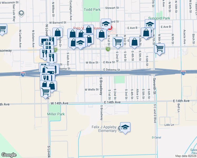 map of restaurants, bars, coffee shops, grocery stores, and more near 317 South Broadway in Blythe