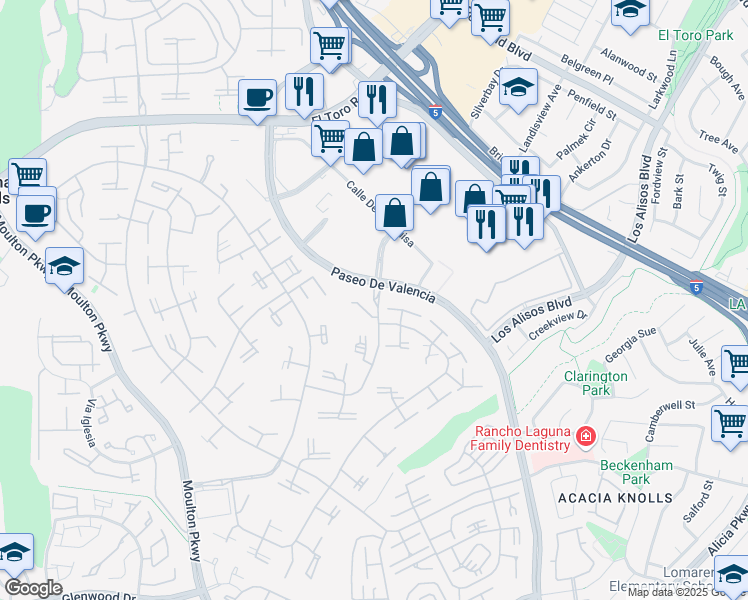 map of restaurants, bars, coffee shops, grocery stores, and more near 548 Via Estrada in Laguna Woods