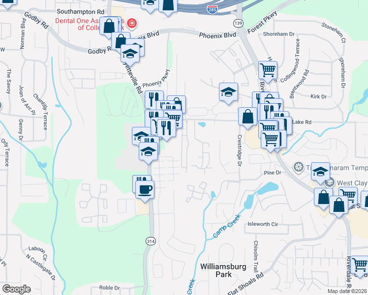 map of restaurants, bars, coffee shops, grocery stores, and more near 5479 Park Place South in Atlanta