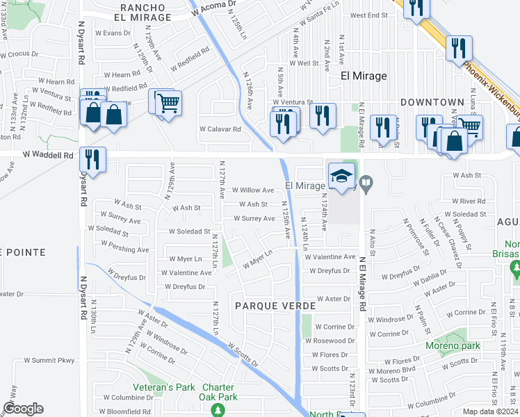 map of restaurants, bars, coffee shops, grocery stores, and more near 12537 West Ash Street in El Mirage