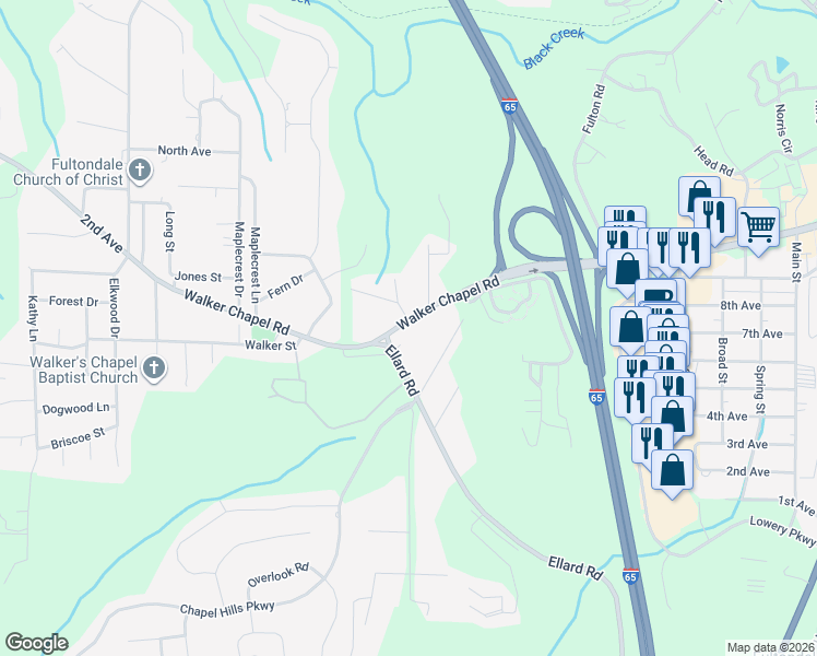 map of restaurants, bars, coffee shops, grocery stores, and more near 2312 County Road 120 in Fultondale
