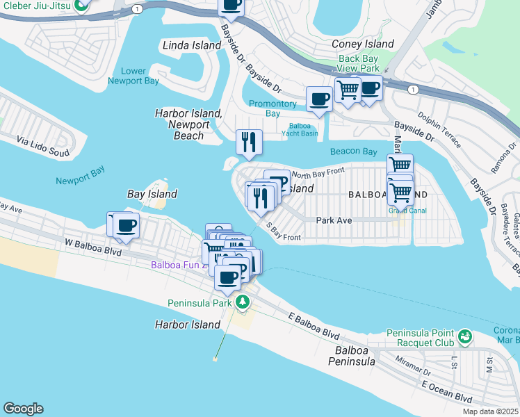 map of restaurants, bars, coffee shops, grocery stores, and more near 508 South Bay Front in Newport Beach