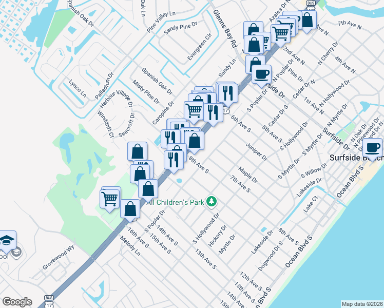 map of restaurants, bars, coffee shops, grocery stores, and more near 799 U.S. 17 Business in Surfside Beach