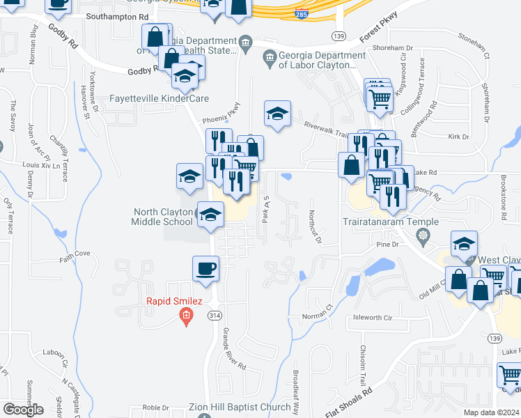 map of restaurants, bars, coffee shops, grocery stores, and more near 5471 Park Place South in Atlanta