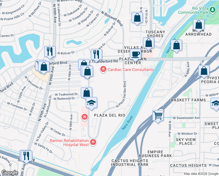 map of restaurants, bars, coffee shops, grocery stores, and more near 13310 North Plaza Del Rio Boulevard in Peoria