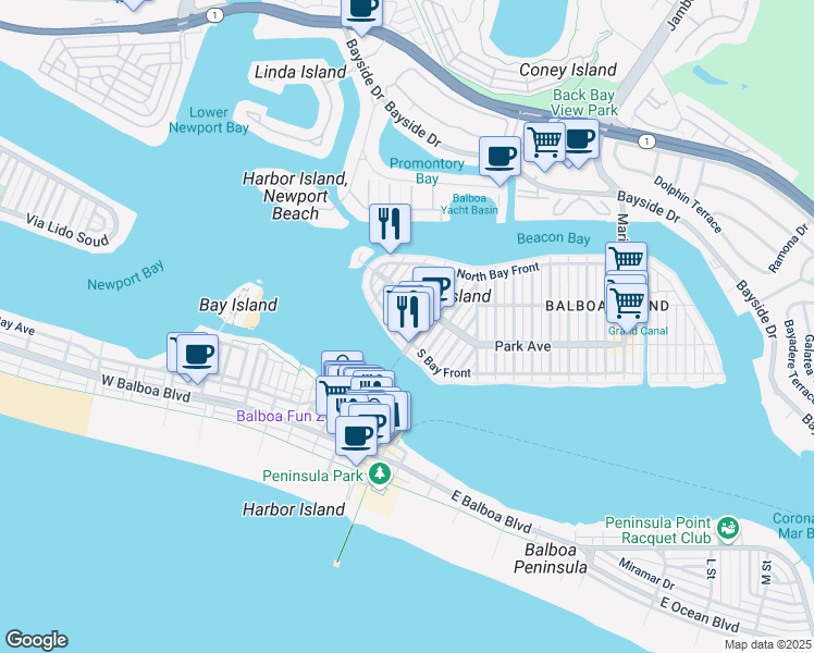 map of restaurants, bars, coffee shops, grocery stores, and more near 2 Pearl Avenue in Newport Beach