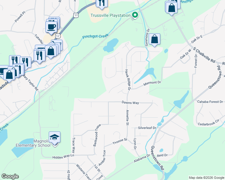 map of restaurants, bars, coffee shops, grocery stores, and more near 6225 Kestral View Road in Trussville