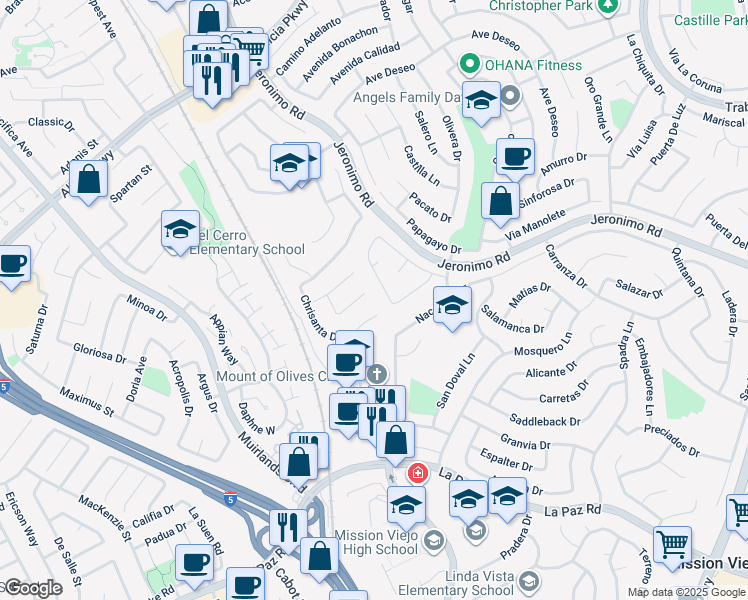 map of restaurants, bars, coffee shops, grocery stores, and more near 24701 Eloisa Drive in Mission Viejo