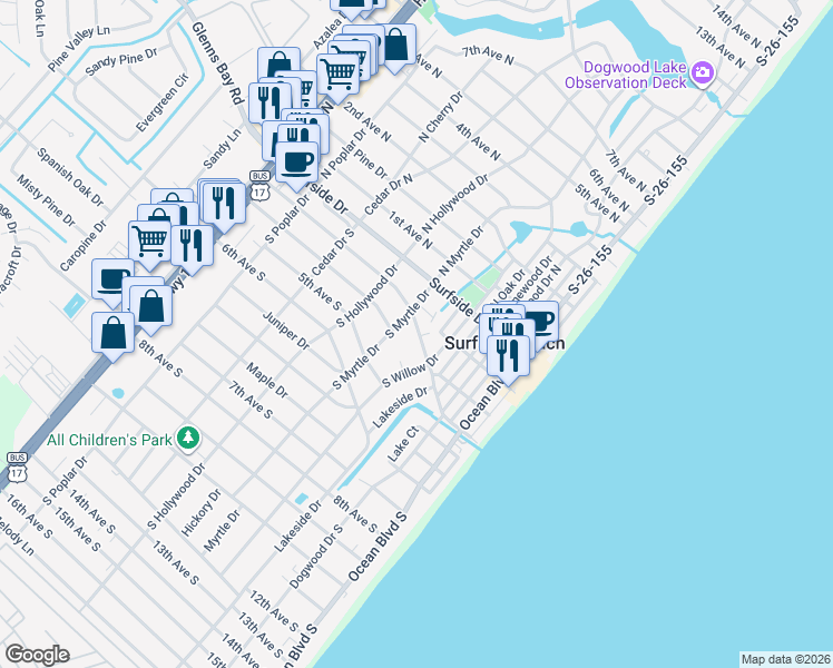 map of restaurants, bars, coffee shops, grocery stores, and more near 415 3rd Avenue South in Surfside Beach