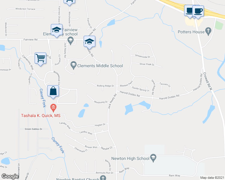 map of restaurants, bars, coffee shops, grocery stores, and more near 35 Rolling Ridge Drive in Covington