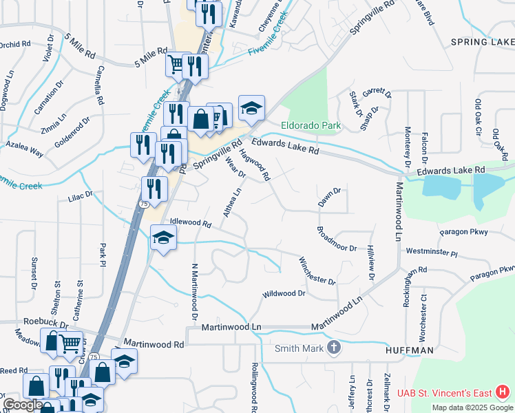 map of restaurants, bars, coffee shops, grocery stores, and more near 825 Park Drive in Birmingham