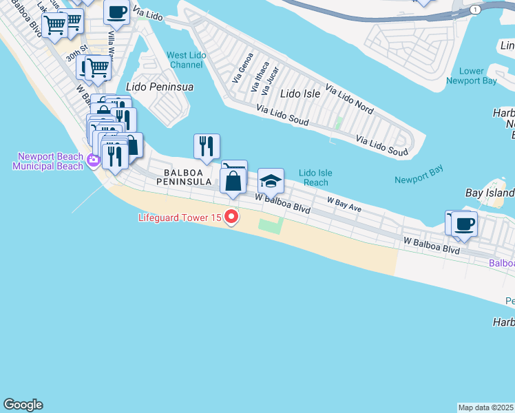 map of restaurants, bars, coffee shops, grocery stores, and more near 1404 West Oceanfront in Newport Beach