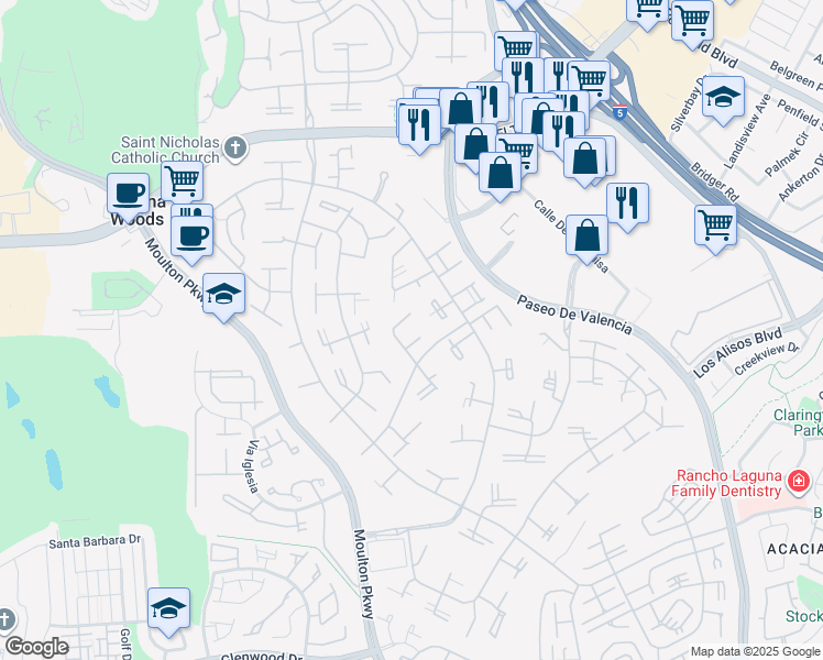 map of restaurants, bars, coffee shops, grocery stores, and more near in Laguna Woods